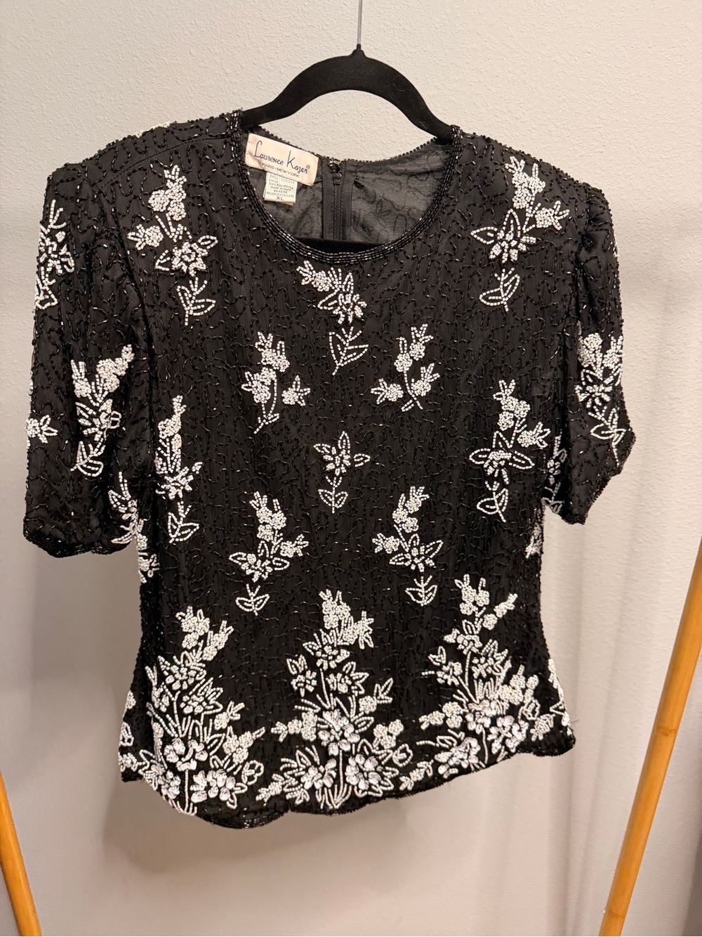Laurence Kazar Black Beaded Floral Short Sleeve Top